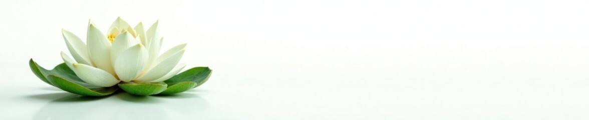 Delicate white lotus flower with intricate green leaf on pristine white background, garden, serene