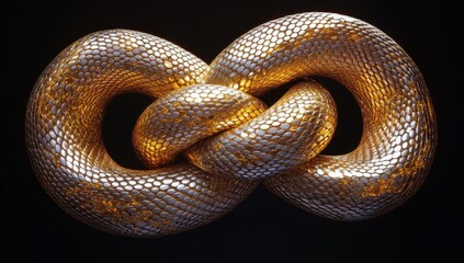 Fototapeta premium A Stunning Hyperrealistic 3D Representation of a Glossy Gold and Silver Infinite Knot Symbolizing Unity, Strength, and Continuity Against a Dark Background