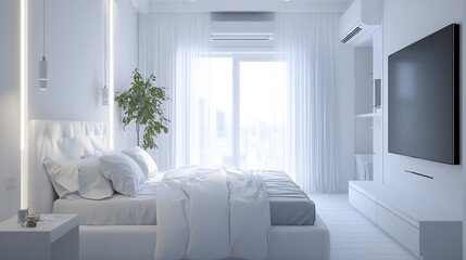 Bright bedroom with crisp white tones and air conditioner