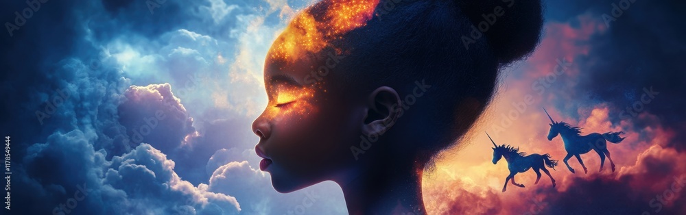 Poster child’s profile illuminated by magical unicorns dancing through colorful clouds in a dreamlike lands