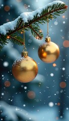 Golden Christmas ornaments sway gently in the snowy breeze on a serene pine branch, frosty, sparkle, sway
