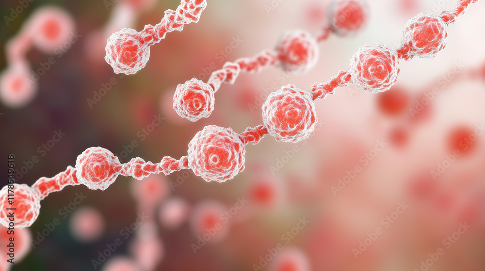 Poster microscopic chain of red bacteria: a close-up, 3d rendering of a chain of red bacteria, showcasing t