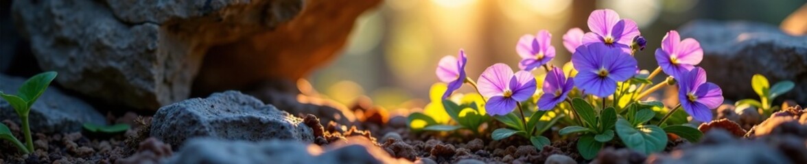 Violets peeking out from under a sunny rock, delicate purple petals shining, flower, garden, violets
