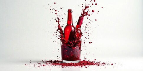 Fototapeta premium Wine bottles exploding in a glass on a white surface, studio, explosion, splatter