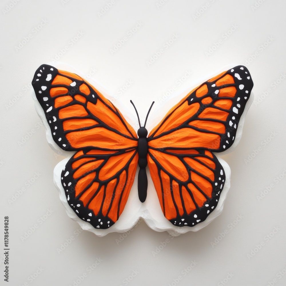 Poster Vibrant orange monarch butterfly resting with open wings against a white background showcasing its intricate patterns and colors