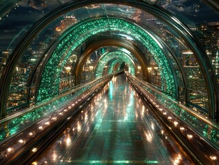 Obraz premium A mystical underwater city glowing with bioluminescent towers and radiant arches. Luminous fish swim through the shimmering streets, creating trails of light that illuminate the ocean floor 