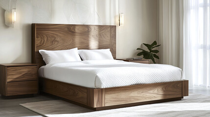 Modern bedroom with wooden bed and nightstand, featuring soft lighting
