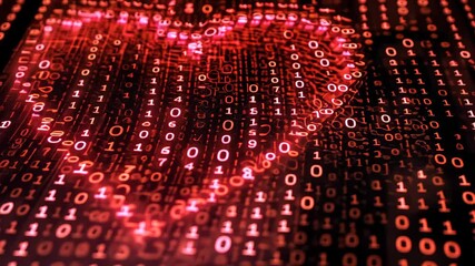 A heart-shaped design created using red and black numeric digits arranged in a visually striking pattern, Heart symbol transformed into pattern of binary 1's and 0's - Powered by Adobe
