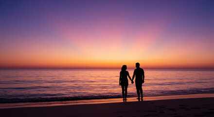 Fototapeta premium Romantic Couple Silhouette at Sunset on Beach Holding Hands Ocean View