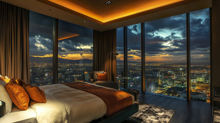 Luxurious penthouse bedroom with moody lighting and city view