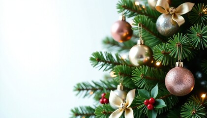 Ornate evergreen branches with crystal ornaments and bows, holly sprigs, evergreen branch arrangement