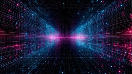 Vibrant abstract digital tunnel with blue and pink glowing particles on a dark background.