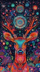 Obraz premium A mystical valley where rivers of molten crystal carve glowing paths through lush bioluminescent meadows. Radiant deer with shimmering antlers graze peacefully under a twilight sky filled with 