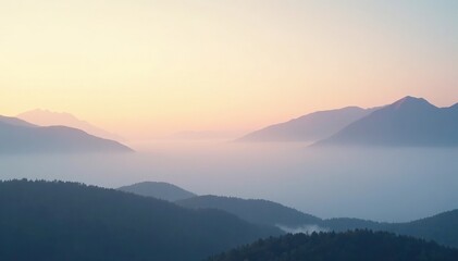 Obraz premium Soft foggy morning landscape with gradient gray background and silvery hues, atmospheric, dawn, serene