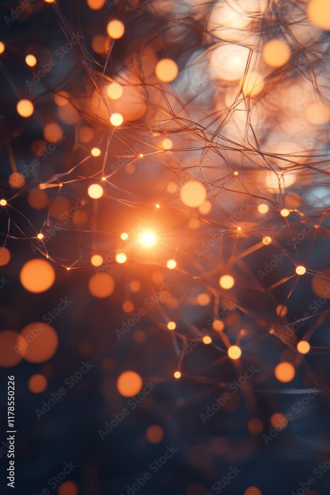 Poster soft and warm data nodes visualization with realistic diffusion of light and color in abstract backg
