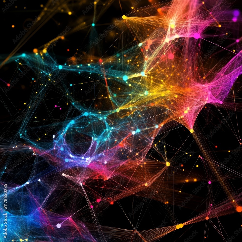 Poster this abstract image showcases a vibrant digital network filled with colorful data points and dynamic