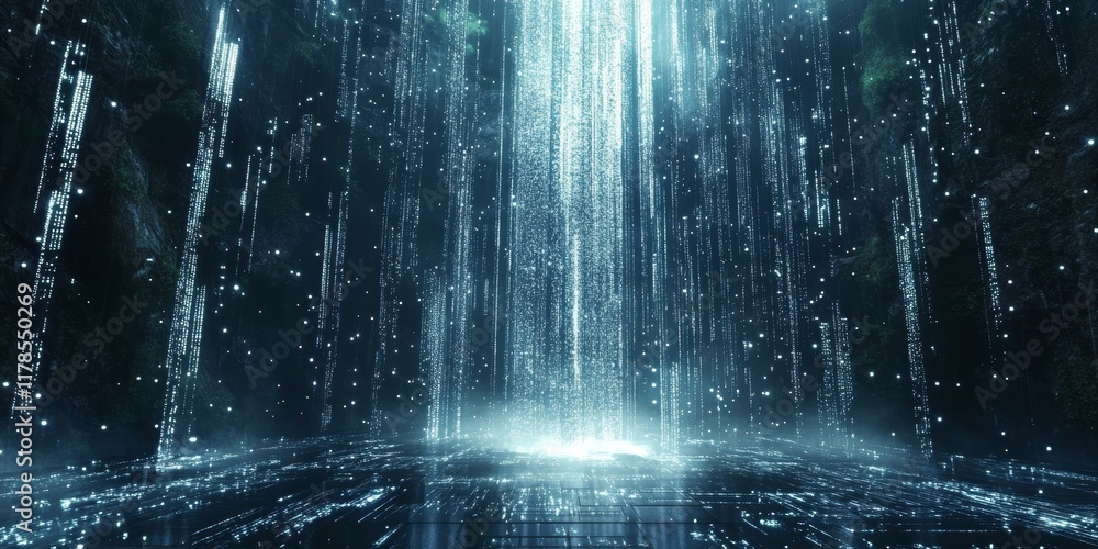Poster futuristic digital waterfall with cascading light particles and abstract data representation