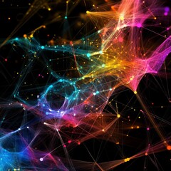 Obraz premium This abstract image showcases a vibrant digital network filled with colorful data points and dynamic patterns. Perfect for visualizing technology and innovation.