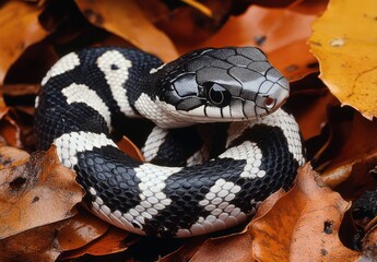 Fototapeta premium Black and White Python Coiled in Autumn Leaves with Detailed Scales and Engaging Eyes in a Natural Setting for Wildlife Enthusiasts and Nature Photography