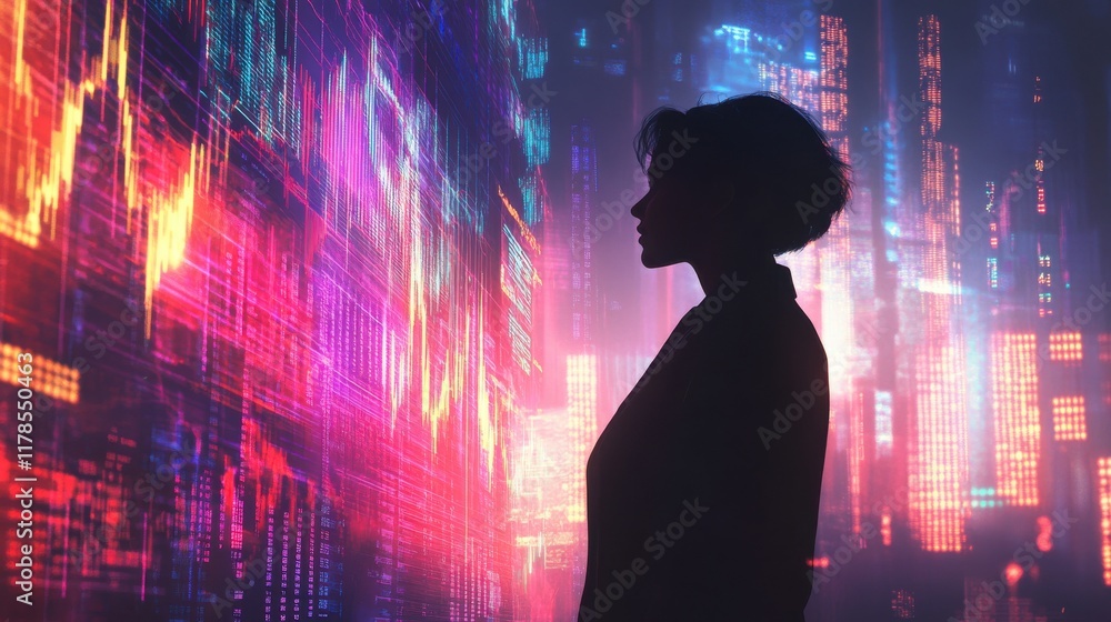 Poster trader stands confidently amidst futuristic financial data streams and fluctuating stock market grap