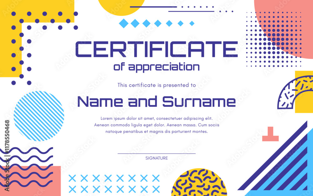 Poster diploma certificate template with geometric memphis elements. winning congratulation award document,