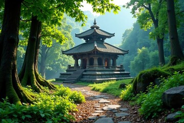 Lush green forest surrounding the temple complex, nature scene, solan, stoned kumbh