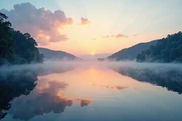 Fototapeta premium Misty dawn light on serene white water lake surface, reflection, ponds, lakes