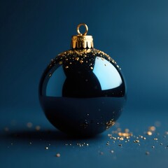Ornament with black glass surface and gold glitter on a dark blue background, dark blue, holiday decor
