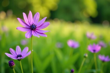 Fototapeta premium Purple cornflower blooms in a lush summer field, summer garden, scenery