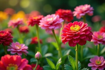 Ranunculus asiaticus flowers in a garden bed with other blooming flowers, botanical photography, colorful flowers, still life photography