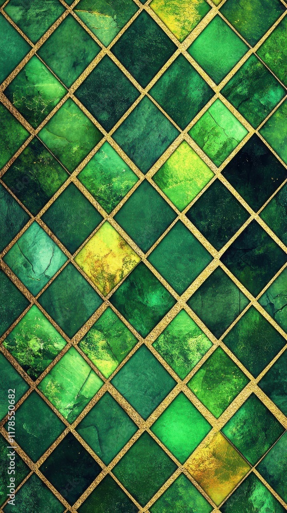 Poster Textured geometric pattern with interlocking diamonds in vibrant emerald and gold shades creating a luxurious atmosphere