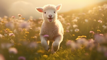 Fototapeta premium A cute baby sheep with a curly wool coat, playfully jumping around in a field of wildflowers. The scene is filled with warm sunlight, soft pastel colors, 