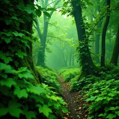 Fototapeta premium A dense thicket of green foliage in a misty atmosphere, green background, earthy tones, wild growth
