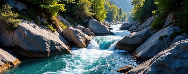 A flowing river carves a winding path through rock, rock, serene landscape