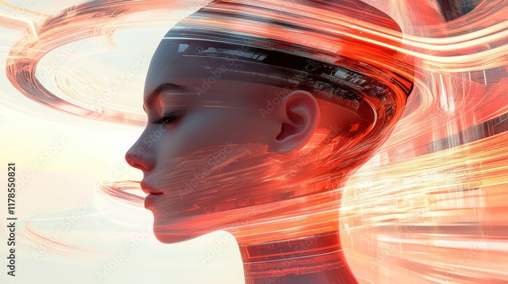 Poster surreal representation of a glowing woman surrounded by radiant platforms and flowing architectural 