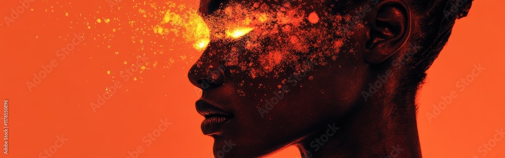 Poster Surreal model's face glowing with radiant ink splashes creating abstract art during a creative photoshoot