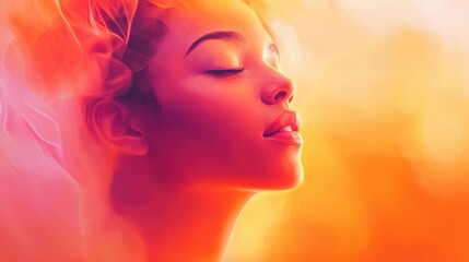 Surreal representation of a glowing woman immersed in radiant orange and pink dawn hues