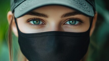 Close-up Portrait of a Young Woman Wearing a Black Face Mask and Baseball Cap