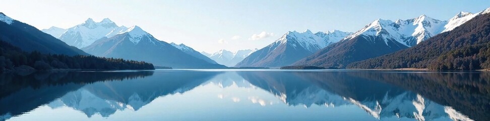 Fototapeta premium Snow-capped mountains reflected in the lake's glassy surface, landscape, serene