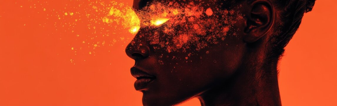 Surreal model's face glowing with radiant ink splashes creating abstract art during a creative photoshoot