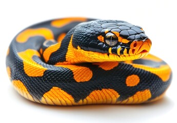 Obraz premium Brightly Colored Python with Striking Black and Orange Pattern Curled Up in a Creative Pose Against a Soft White Background for Wildlife Photography