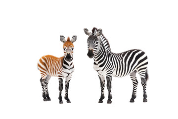 Fototapeta premium A young zebra stands beside an adult zebra, showcasing contrasting stripes and colors.