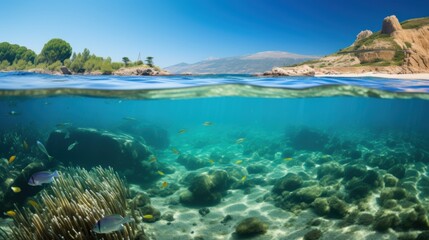 A dynamic underwater split-view of Sardinia: the top half shows a sunlit Mediterranean beach with soft sand, while the bottom half captures tropical fish swimming in crystal-clear water, their vibrant
