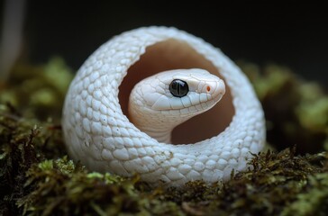 Fototapeta premium Captivating Close-Up of a Beautiful White Snake Nestled Inside a Natural Mossy Habitat, Showcasing Its Unique Texture and Serene Environment