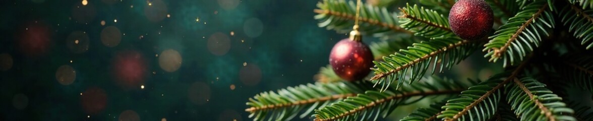 Glittering dust settles on the branches of a decorated fir tree, festive, spruce