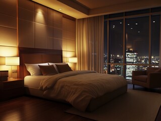 Obraz premium Luxurious bedroom at night with city view.