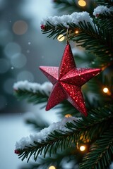 Glittering red star on Christmas tree branches, winter wonderland, star shaped decorations, holiday tree decoration