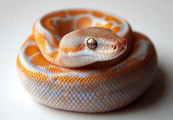 Fototapeta premium Captivating Close-Up of a Beautifully Colored Ball Python with Striking Orange and White Patterns, Showcasing Unique Scales and Serene Expression on a Neutral Background