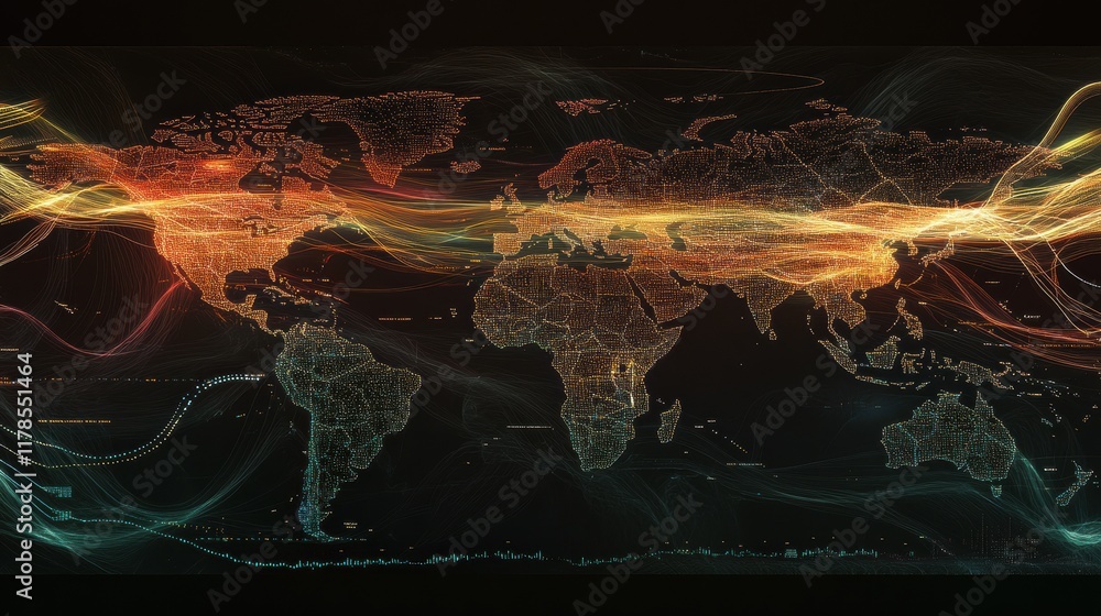 Poster sophisticated forex trading visuals with digital world map illustrating global market flows