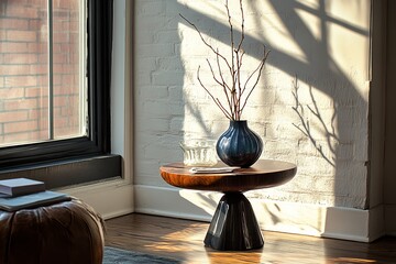 A vase with a branch in it sits on a wooden table. The table is on a floor next to a window